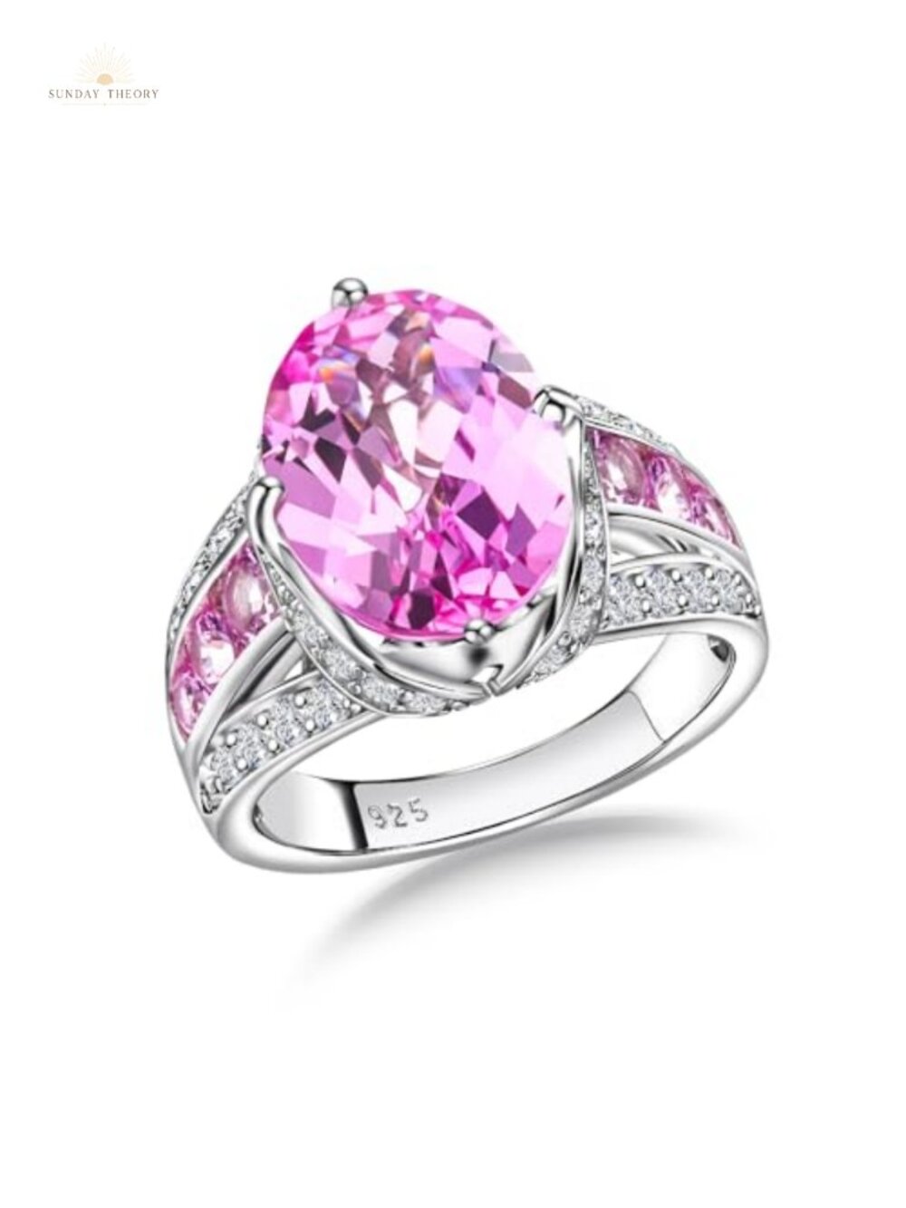 925 Sterling Silver Gemstone Ring, Oval Pink Sapphire Engagement Statement Ring